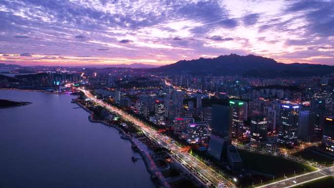 航拍西海岸新区日落 夜景