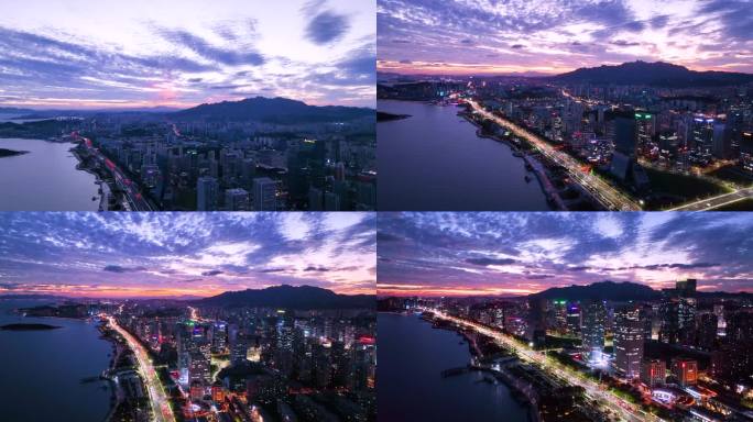 航拍西海岸新区日落 夜景