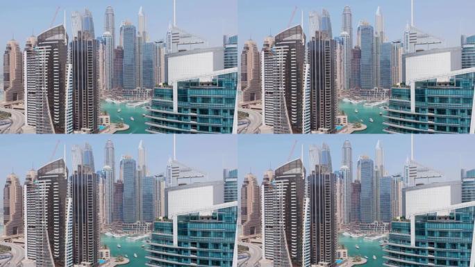 迪拜码头住宅和带海滨的办公室摩天大楼的鸟瞰图