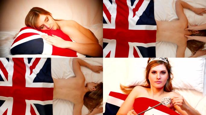 一个美丽的女孩，带着皇家权杖和皇冠躺在英国国旗上
