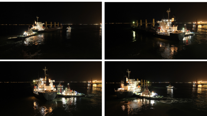 【4K】拖轮夜间工作 货轮夜间离港起航