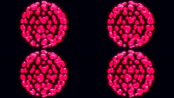 现实的3d卡通飞行和旋转球的红色心脏在黑色背景。情人节的彩色象征。节日或广播装饰的抽象浪漫概念。循环