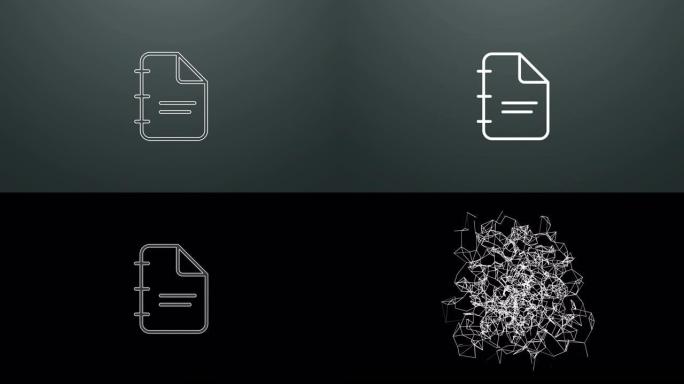 4k动画文档图标。粒子在合成和爆炸中的动画符号。两种背景版本:全彩色和透明隔离阿尔法通道。