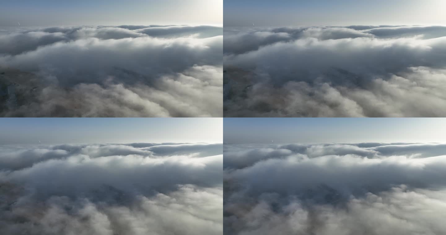 航拍威海高新区上空的平流雾和阳光