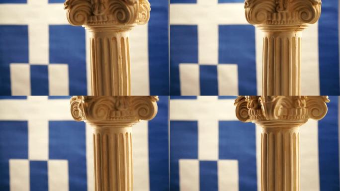 希腊国旗背景上的古柱