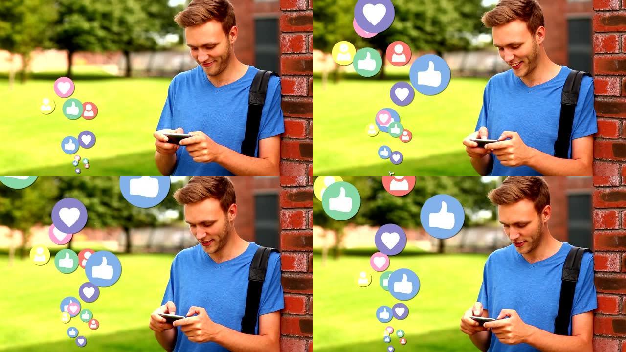 男子穿着蓝色衬衫，带有类似的社交媒体图标