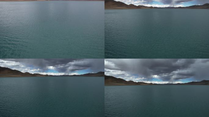 羊湖俯拍湖面 前推仰镜头见乌云