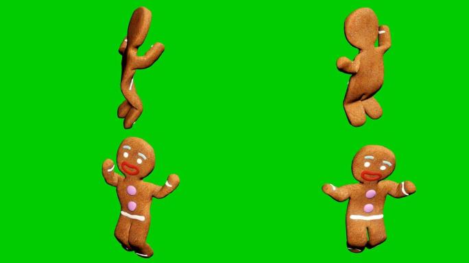 姜饼人正在跳圣诞舞会。庆祝的概念。绿色屏幕前的循环动画。
