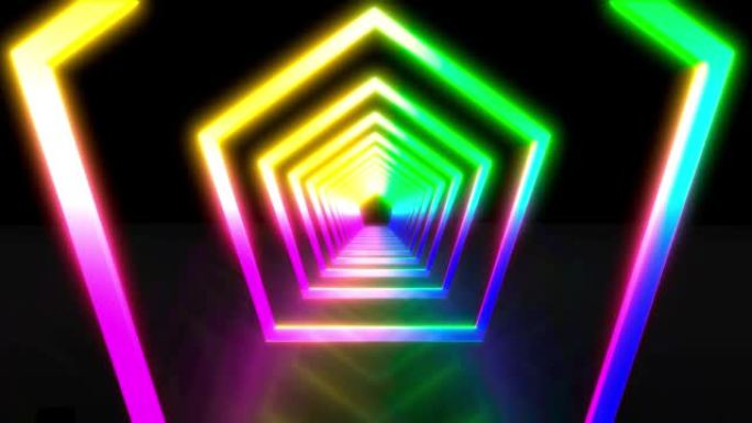 未来迪斯科星走廊中的抽象飞行。无缝循环4k背景，荧光紫外光，蓝色粉色绿色光谱，3d渲染