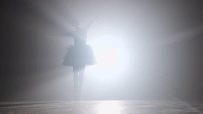 芭蕾舞女演员在剧院发光的霓虹灯聚光灯下，穿着芭蕾舞短裙的独奏表演。穿着足尖鞋跳舞古典动作的女人的剪影