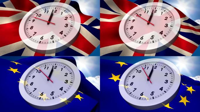 欧洲国旗和英国国旗在模拟时钟后面放弃