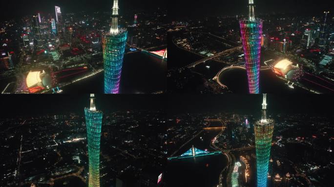 4K超高清航拍广州CBD广州塔夜景空镜2