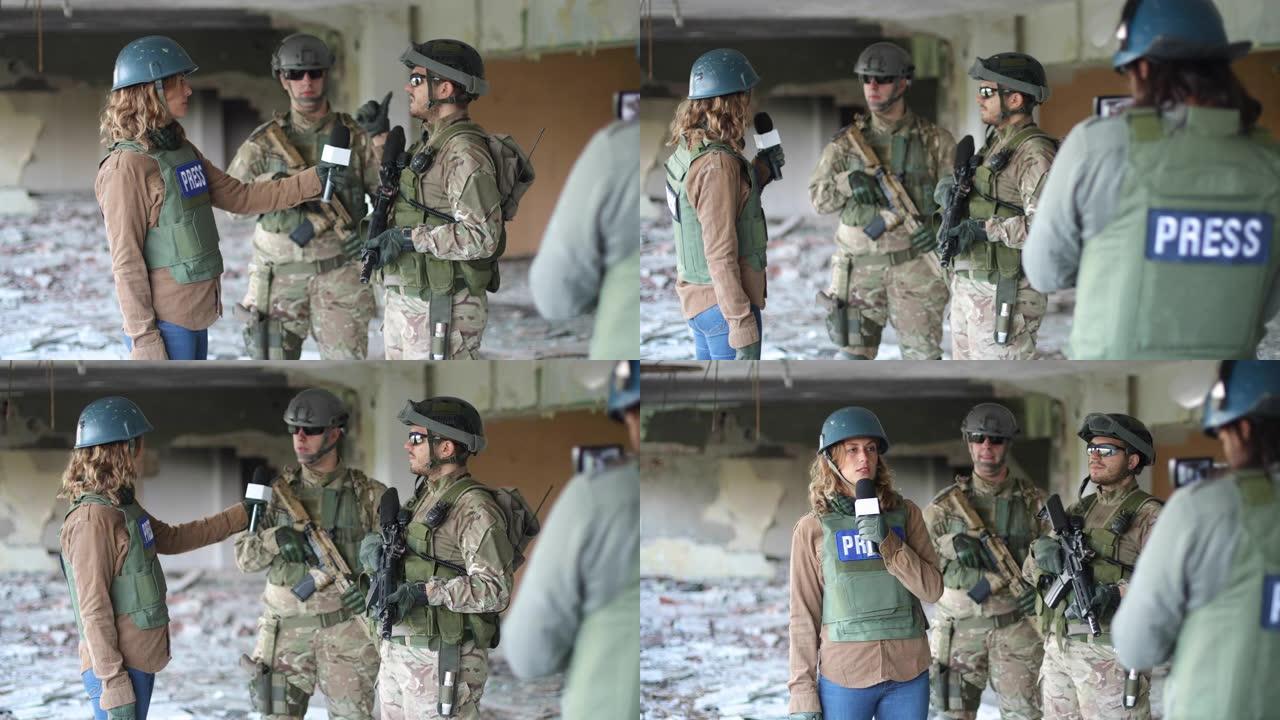 一名陆军士兵在战区接受媒体采访