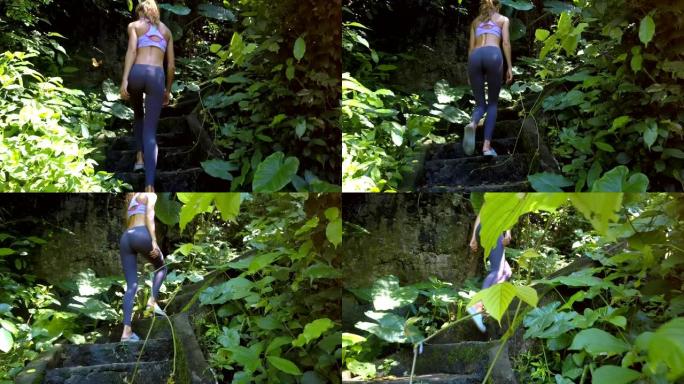 背面视图女孩在厚厚的植物之间走上石阶