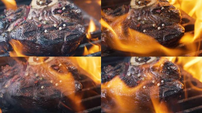美味多汁的肉排在火炉上烹饪。陈年珍贵烤烤里脊肉新鲜多汁牛肉片，带线条慢动作。烧烤，美味牛排