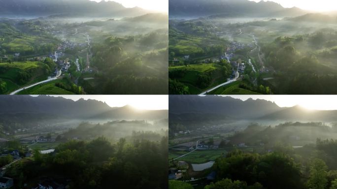 航拍山区村庄田野晨雾4K