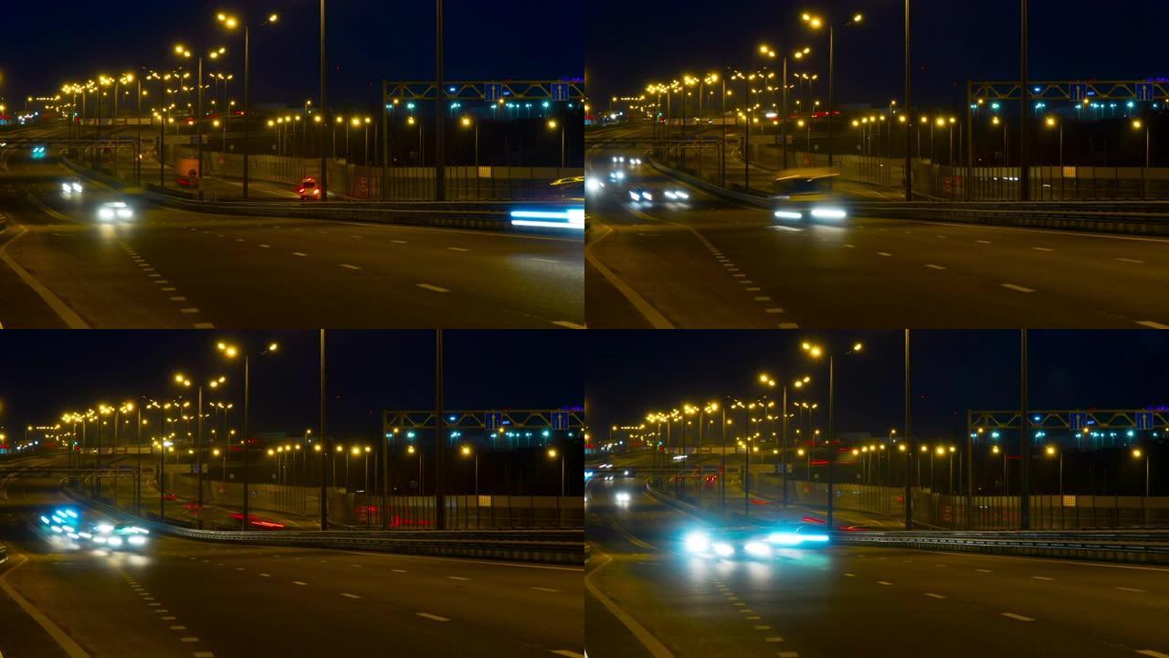 黑暗时在街头城开车。时间流逝。晚上的路灯。过度。夜间在明亮的交通中驾驶汽车在城市道路上行驶。
