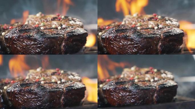 美味多汁的肉排在火炉上烹饪。陈年珍贵烤烤里脊肉新鲜多汁牛肉片，带线条慢动作。烧烤，美味牛排特写