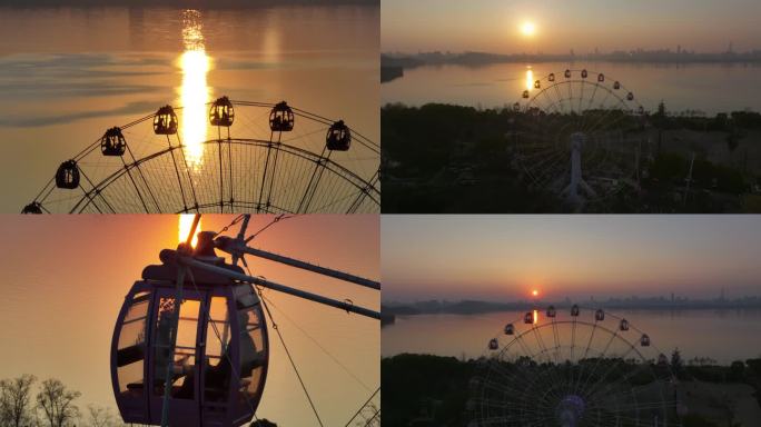 武汉东湖之眼摩天轮日落夕阳波光粼粼航拍