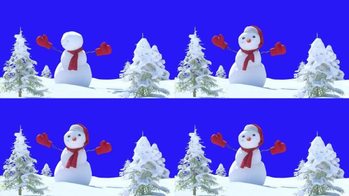 圣诞冬季背景与雪人和雪。圣诞快乐，新年快乐，复制空间3D渲染卡通动画