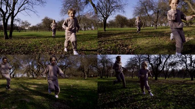 妈妈带着孩子在公园里玩耍追赶，互相跑来跑去，玩得开心，孩子抓不到鸭子妈妈又狡猾