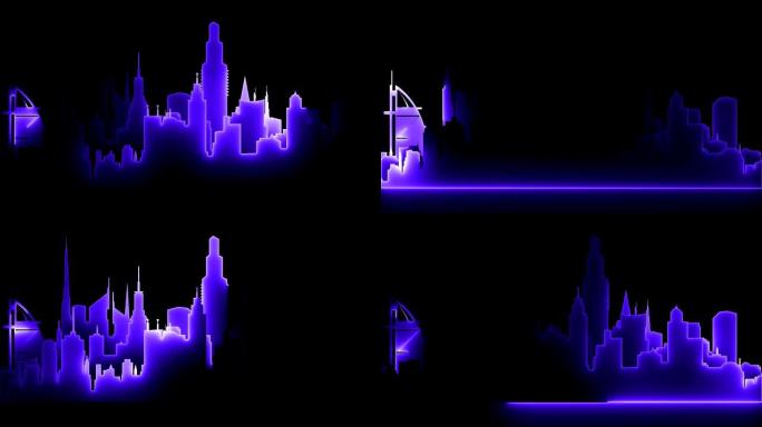 抽象明亮的霓虹灯城市轮廓。激光技术背景设计。循环