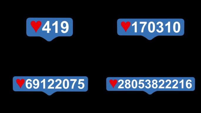 社交媒体红心计数器，在黑色背景上显示随着时间的推移喜欢。点击类似的按钮动画4K。3D渲染