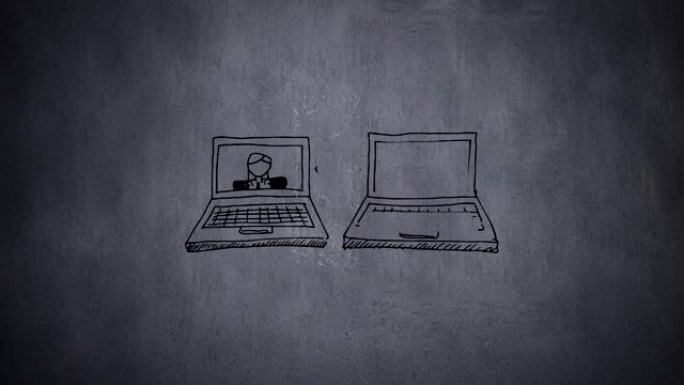在灰色背景下用商务人士绘制的两台笔记本电脑，具有嘶嘶声效果