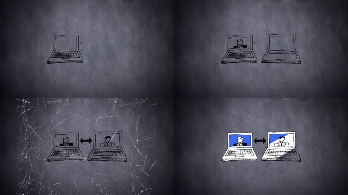 在灰色背景下用商务人士绘制的两台笔记本电脑，具有嘶嘶声效果