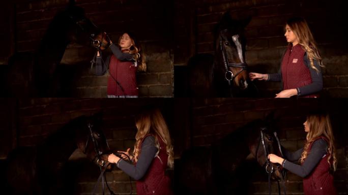 年轻女子在马stable里把马具放在马背上