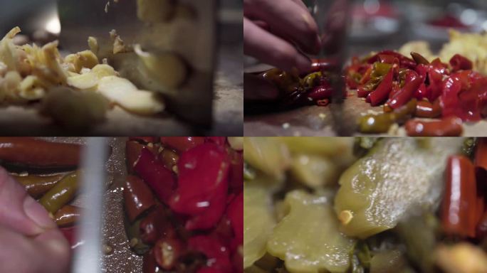 厨师熟练用菜刀切姜、辣椒和酸菜高速镜头