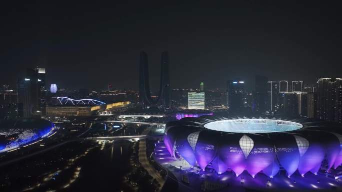 航拍杭州奥体中心体育场夜景