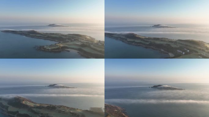 航拍威海远遥韩亚高尔夫球场和褚岛平流雾