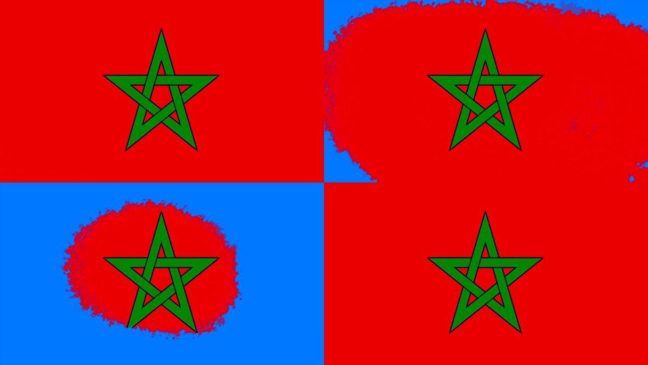 4K - 3不同的油漆笔刷风格过渡动画与摩洛哥国旗