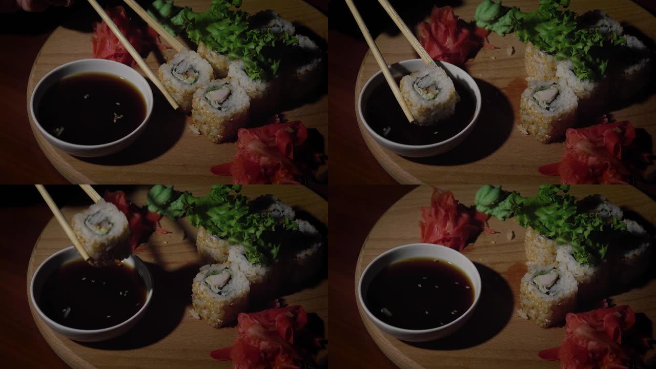 蘸酱油的筷子寿司
