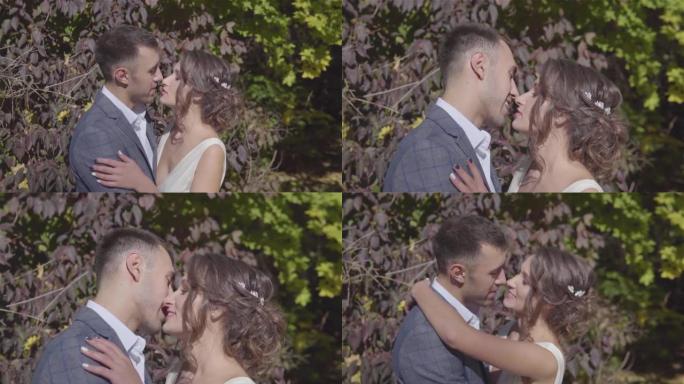 恋爱中的年轻夫妇在秋季公园亲吻。