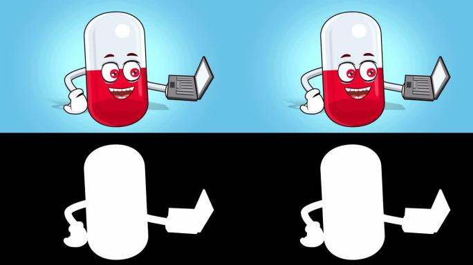 卡通药丸胶囊面部动画在带有阿尔法哑光的笔记本电脑上工作