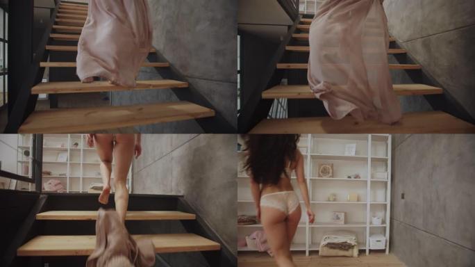 性感的女孩脱下衣服。特写性感女人跑上楼。