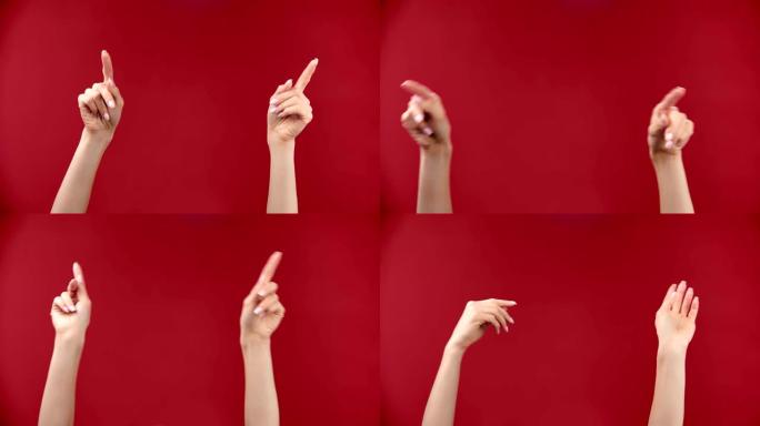 女性双手上升食指指向空广告区有趣特写孤立