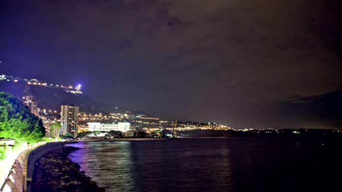 摩纳哥城市蒙特卡洛夜间延时天空和海洋