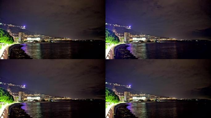 摩纳哥城市蒙特卡洛夜间延时天空和海洋