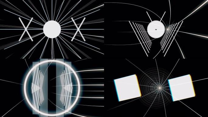 许多不同形状和图形的单色3D抽象变化和快速移动。动画。黑色背景上发光的白线和数字