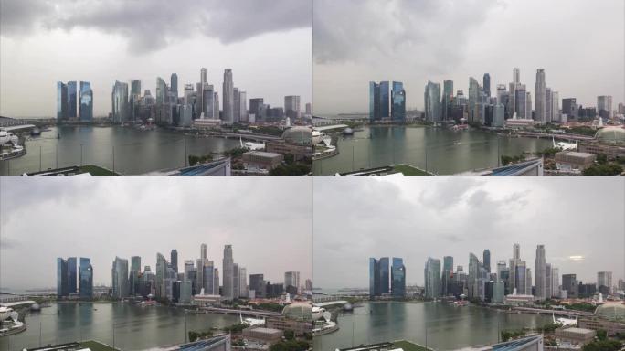 4k延时-新加坡暴雨中的城市天际线和摩天大楼。