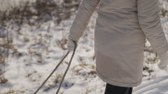 户外有雪橇的女人