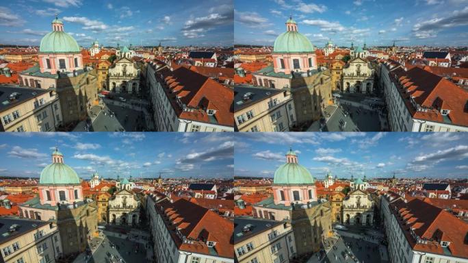 时间流逝的电影，游客在捷克布拉格的阿西西教堂和查理大桥的圣弗朗西斯散步
