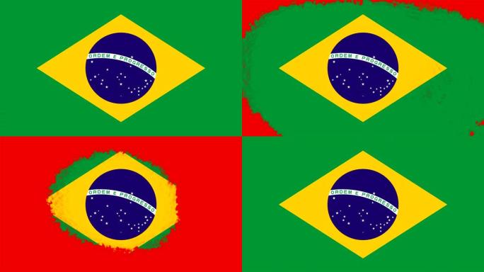 4K - 3不同的油漆笔刷风格过渡动画与巴西国旗