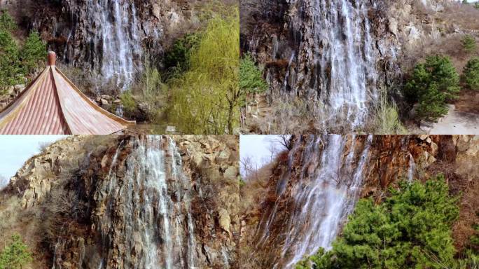 航拍瀑布亭子 高山流水实拍素材