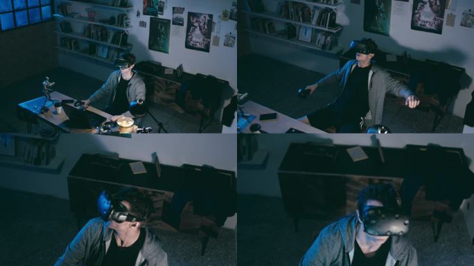 宅男在家房间玩VR手握控制器虚拟现实游戏