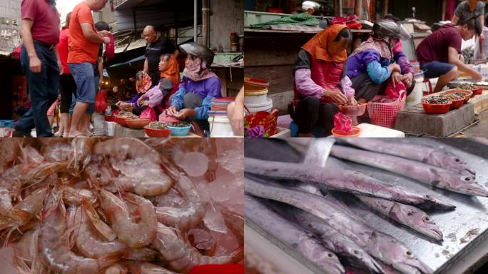 海边小镇海鲜市场各种鱼