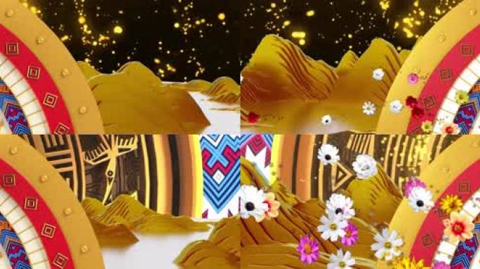 壮乡金色山脉绣球壮锦山水花海美景敬酒大屏